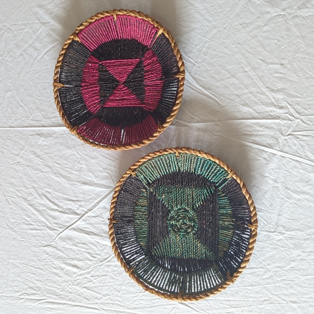 Bohemian Wicker Woven Magenta And Turquoise Wall Hanging Or Table Top Baskets
